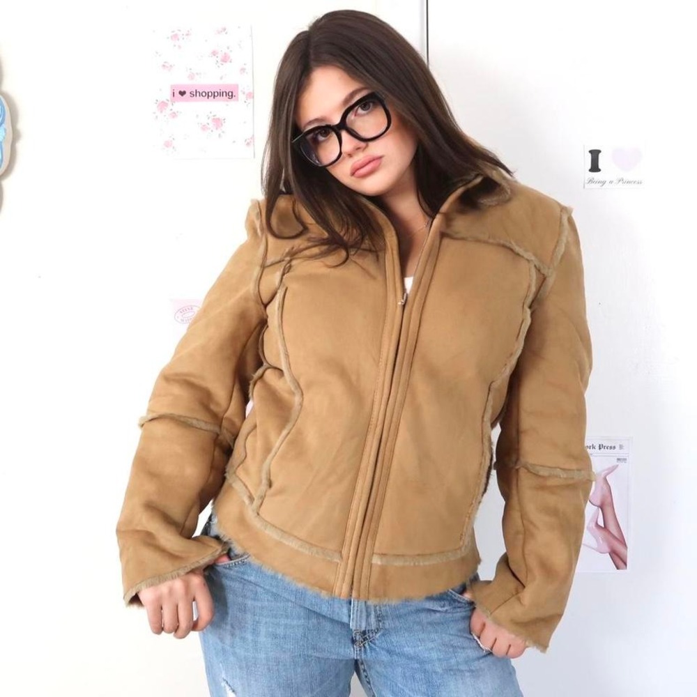 Tan Faux Suede Sherpa Trim Aviator Jacket (L)